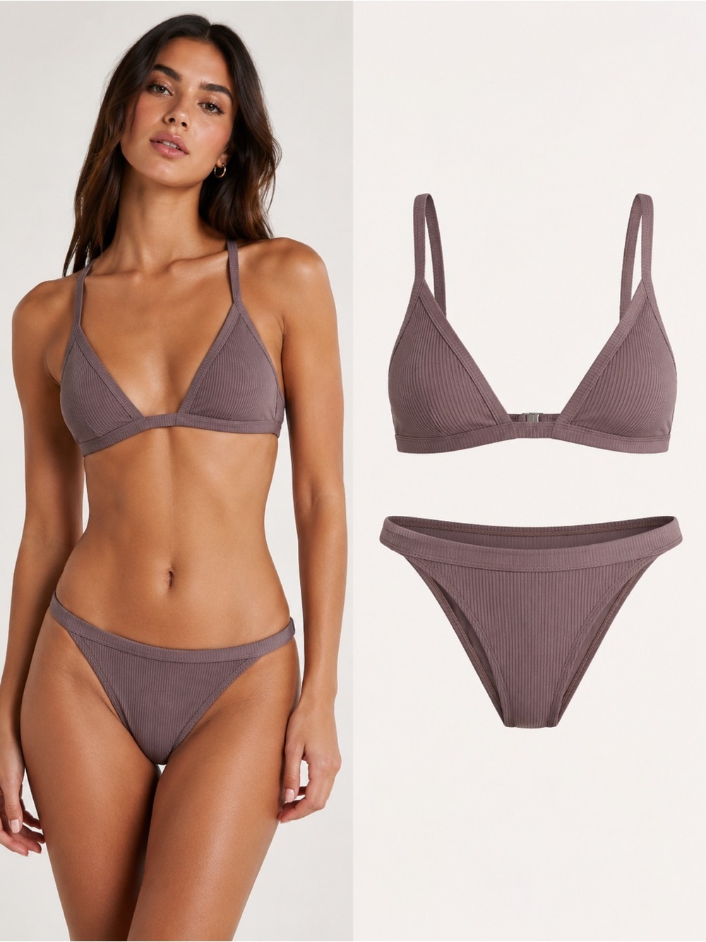 KIKIRIO Ribbed Two Piece Bikini Set in Stone 